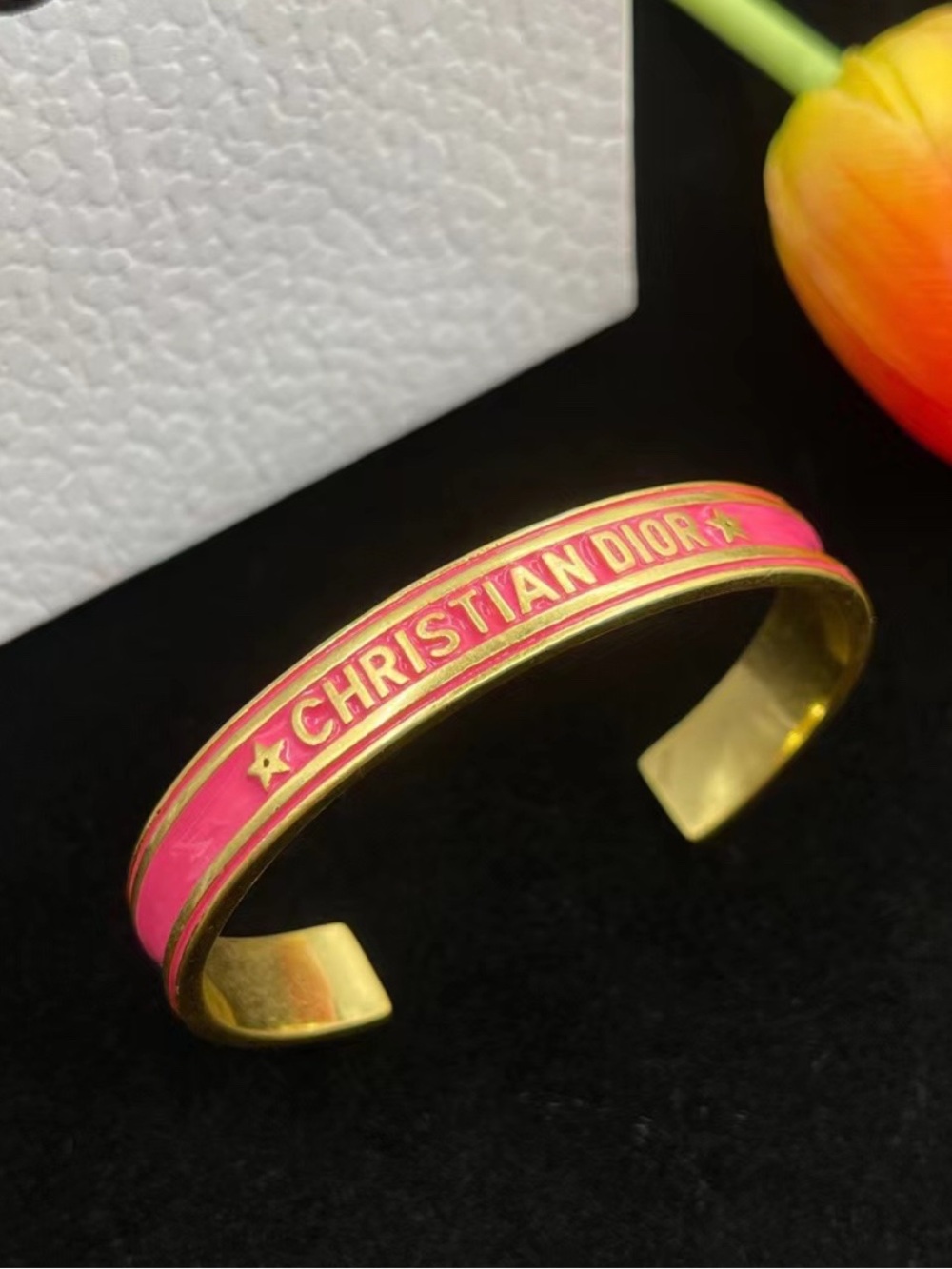 Dior Pink Enamel Gold-Tone Christian Dior Cuff Bracelet